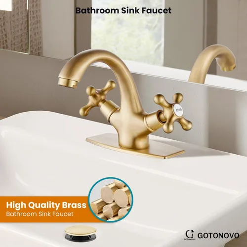 Miniatura 2 de gotonovo Grifo de lavabo de baño de un solo agujero, doble mango cruzado, pomos mezcladores de lavabo con drenaje desplegable y placa de cubierta