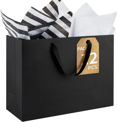 Miniatura 8 de Ohuimrt 6 bolsas grandes de regalo negras con asas, 12.5 x 4.5 x 11 pulgadas, bolsas de papel negro mate de alta calidad para fiestas, compras