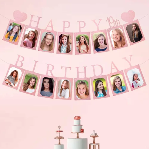 Miniatura 6 de Decoraciones y suministros de feliz cumpleaños 19 para niñas, pancarta de fotos de cumpleaños de oro rosa para mujeres