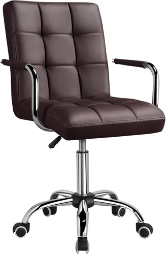 Yaheetech Silla de Escritorio de Tareas de Cuero PU con Respaldo Medio, Silla Giratoria Moderna y Ajustable para Oficina en Casa con Ruedas Suaves,