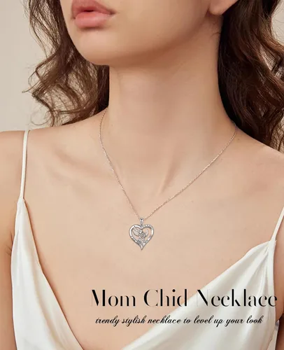 Miniatura 2 de Mama Bear Mama - Collar de plata de ley con colgante de oso en corazón con 1 2 3 cachorros