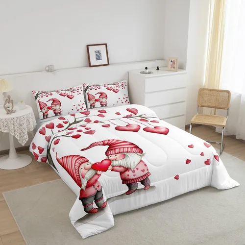 Miniatura 3 de Juego de edredón para el día de San Valentín, tamaño individual, ropa de cama romántica de gnomo para niños y niñas, pareja, con corazón rojo