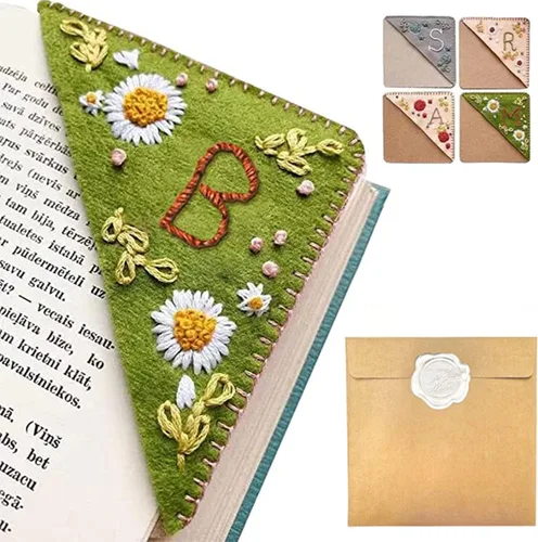 Miniatura 39 de Marcapáginas de esquina bordado a mano personalizado, 26 letras con costura a mano de fieltro, marcapáginas de esquina con bordado de flores lindo