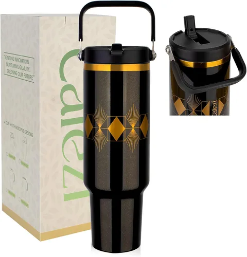 Miniatura 45 de Vaso de 30 onzas con tapa y pajita, vasos de acero inoxidable con aislamiento al vacío con pajita plegable y asa superior, botella de agua aislada