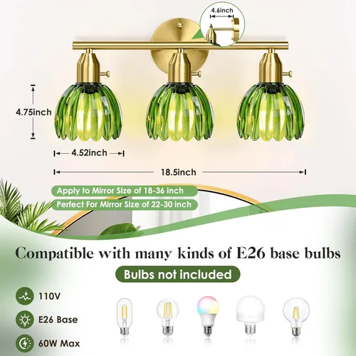 Miniatura 5 de Lámparas de baño – Luces de tocador doradas de 3 luces con pantalla de cristal de tulipán verde, accesorio de iluminación de baño de latón sobre Oro