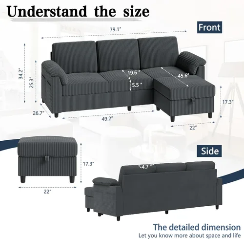 Miniatura 4 de Sofás seccionales para sala de estar, sofá en forma de L con bolsillo lateral de almacenamiento, cómodos sofás de 3 asientos para apartamento, gris
