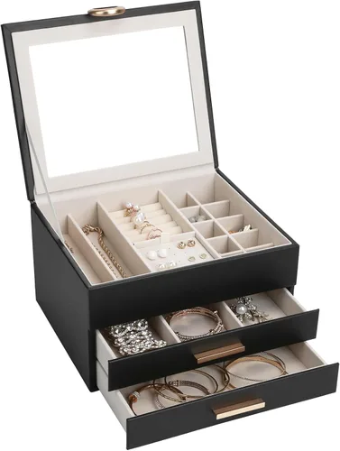 Miniatura 17 de Elegant Gift Jewelry Box with Mirror - 3-Layer Organizer for Earrings, Rings, Necklaces, Ready to Give for Birthday Anniversary Christmas Apricot