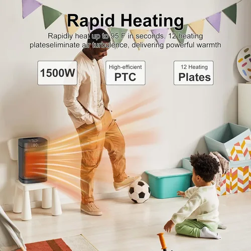 Miniatura 3 de Calentador de espacio para uso en interiores - Calentadores eléctricos QOWETU de 1500 W con termostato, oscilación de 70°, 5 modos, control remoto