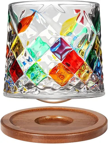 Vaso de whisky antiguo giratorio, 275ml/10oz de vidrio de cristal, posavasos de madera, engrosado, utilizado como vaso de ron, vaso de cóctel, café,