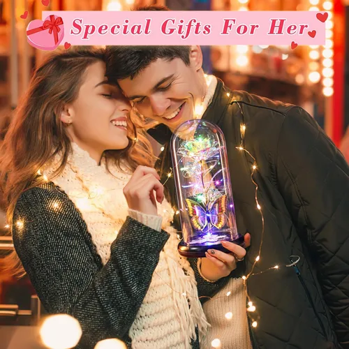 Miniatura 6 de Regalos de cumpleaños para mujer, rosa colorida con luz eterna en cúpula de cristal con mariposa, flores de Navidad para mamá, regalo de hija