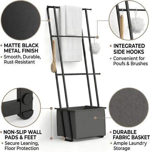 Miniatura 7 de Escalera de manta inclinada 2 en 1 con cesta de almacenamiento, soporte de toalla de metal negro mate, organizador de ahorro de espacio sin taladros