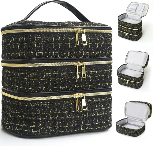 Miniatura 9 de Bolsa de maquillaje de viaje para mujer, estuche grande para cosméticos, resistente al agua, organizador para guardar artículos de tocador, A-Negro