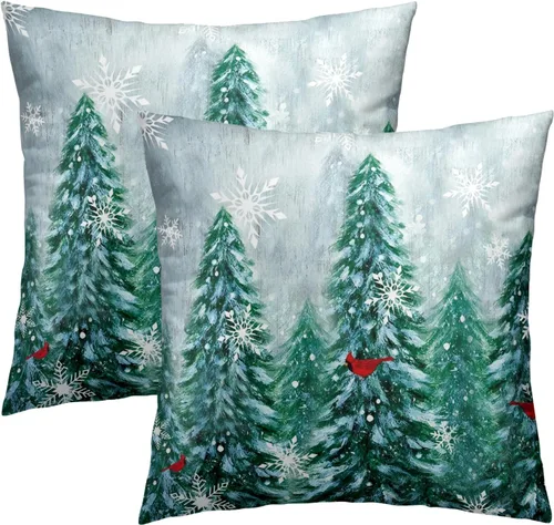 Miniatura 15 de Fundas de Almohada de Bosque de Pinos 22x22 Juego de 2, Fundas de Almohada Decorativas de Árboles de Abeto y Cedro Verde Nieve Beige de Invierno