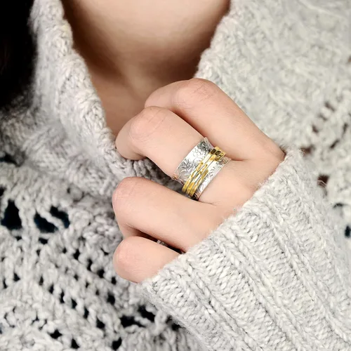 Miniatura 6 de Boho-Magic Anillo giratorio de plata de ley 925 con flores para mujer con 3 anillos antiestrés de latón de banda ancha