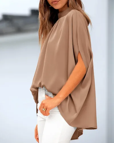 Miniatura 149 de BTFBM Blusas de verano para mujer, cuello alto falso, manga murciélago, holgadas, dobladillo alto y bajo, blusas informales de gran