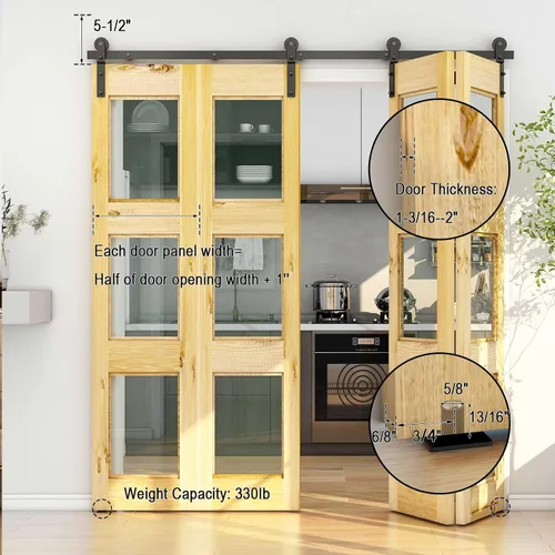 Miniatura 6 de TSMST Kit de riel de puerta corrediza de granero de doble pliegue de 8 pies/96 pulgadas para 4 puertas, kit de herrajes para puerta de granero