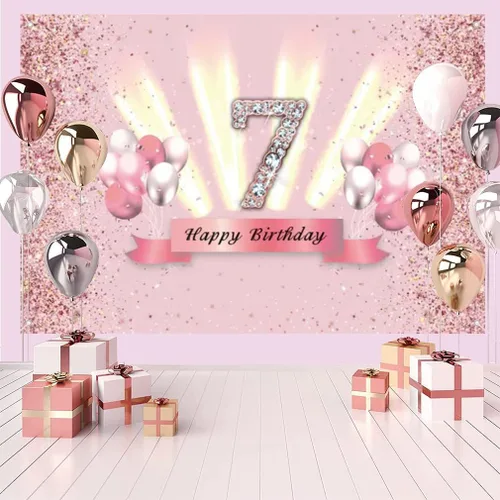 Miniatura 3 de Decoraciones de feliz cumpleaños 7 para niñas, pancarta de fondo, decoración de fiesta, póster de tela de aniversario, fondo de foto rosa