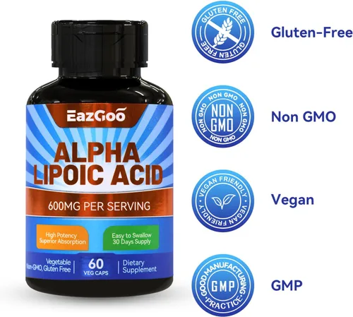Miniatura 8 de Paquete de 2 suplementos de ácido alfa lipoico, ácido alfa lipoico 600 mg por porción, vegano, sin gluten, suplemento de ALA sin OMG, 120 cápsulas