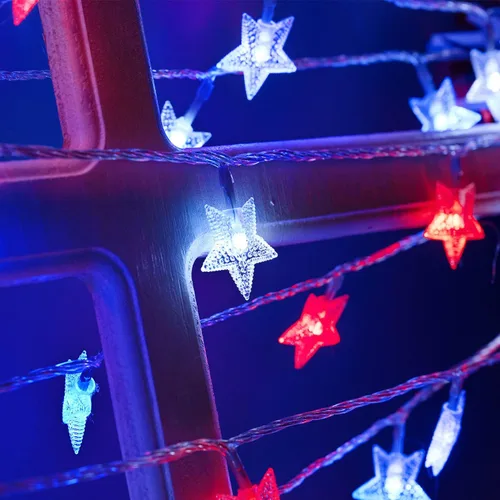 Miniatura 2 de Luces solares rojas, blancas y azules, 4 de julio, tira de luces de estrella decorativa con 100 luces LED solares de jardín, 51 pies, impermeables