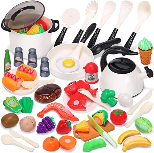 Miniatura 12 de CUTE STONE - Juego de 51 piezas de accesorios de cocina en miniatura para niños, juego de cocina de imitación con ollas, sartenes, utensilios