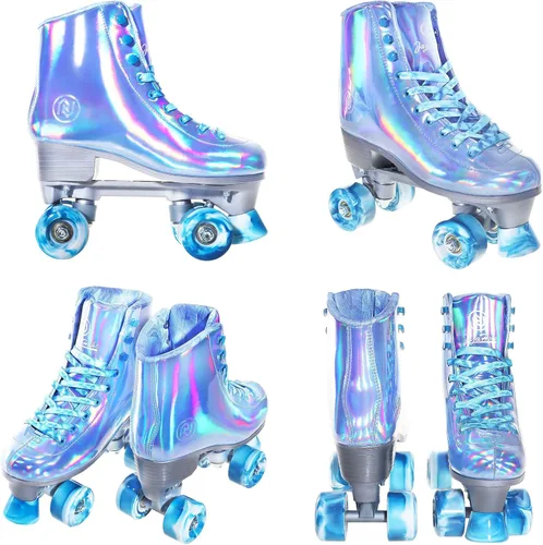 Miniatura 7 de JajaHoho Patines de ruedas para mujer, patines de cuero sintético holográfico azul Very Peri de caña alta, patines cuádruples brillantes de doble