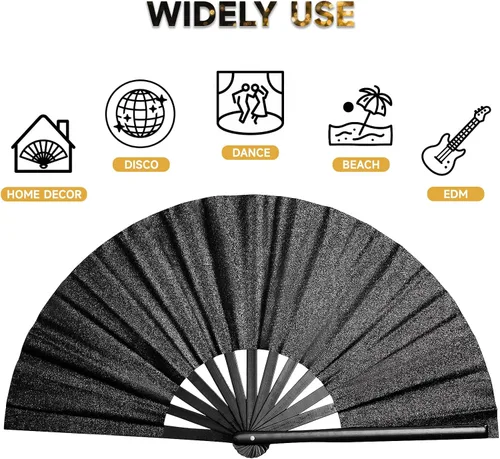 Miniatura 4 de Hasina Ventilador de mano plegable grande con purpurina, ventilador de mano plegable de bambú para hombres y mujeres, diseño brillante para fiestas