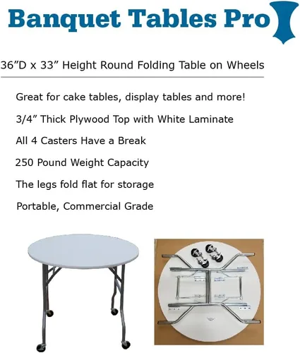 Miniatura 3 de Banquet Tables Pro Mesa plegable redonda de 36 pulgadas con ruedas para bodas y eventos Blanco