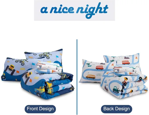Miniatura 6 de A Nice Night Juego de edredón de 5 piezas de cama en una bolsa, diseño de caricaturas de dibujos animados para niños, juego de ropa de cama de Azul