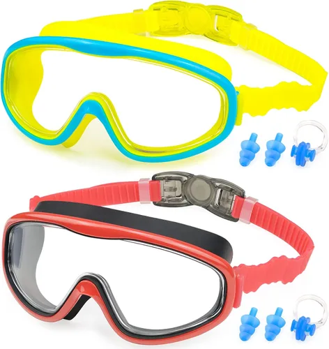 Miniatura 14 de KAILIMENG Gafas de natación para niños, paquete de 2 gafas de natación para edades de 3 a 15 años, antivaho y anti-rayos UV Cear de visión amplia