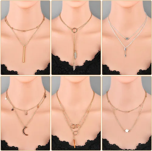 Miniatura 5 de Thrilez - Juego de 24 collares escalonados para mujeres adolescentes y niñas colores dorado y plateado simple y moderno joyería para usar