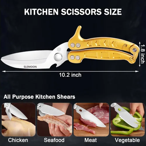 Miniatura 4 de Tijeras de cocina resistentes para aves de corral para cortar carne, aptas para lavavajillas e inoxidables, tijeras de cocina para pollo, pavo, Oro