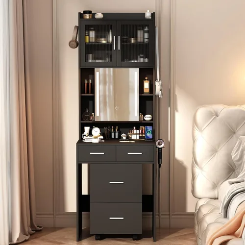 Miniatura 9 de VINGLI Tocador 3 en 1 con espejo deslizante iluminado LED y taburete acolchado sobre ruedas, pequeño tocador de maquillaje con 3 cajones y 2 Negro