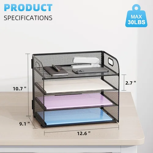 Miniatura 3 de Marbrasse Organizador de Papel de 4 Niveles Bandeja para Cartas - Organizador de Archivos de Escritorio de Malla con Asa, Organizador Clasificador