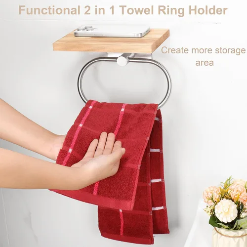 Miniatura 2 de TocTen Toallero de mano para baño, toalla de pared con estante de madera, toallero de mano de metal de alta calidad, accesorios de baño, colgador