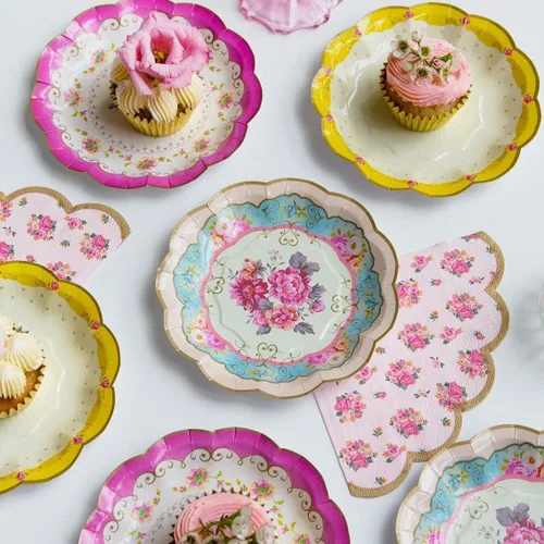 Miniatura 5 de Talking Tables Platos de papel floral vintage de 24 x 7 pulgadas para el día de la madre, fiesta de té, platos desechables florales festoneados
