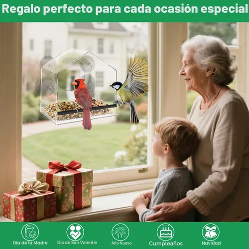 Miniatura 6 de Comedero para pájaros con ventosas fuertes, bandeja extraíble extra profunda de 4.35 pies para gran capacidad, casa de pájaros transparente