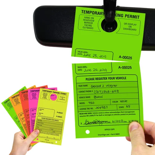 Miniatura 7 de SmartSign Etiqueta colgante de espejo "Permiso de estacionamiento temporal" Paquete de 50 Verde fluorescente Cartulina de 7.75 x 4.25 pulgadas