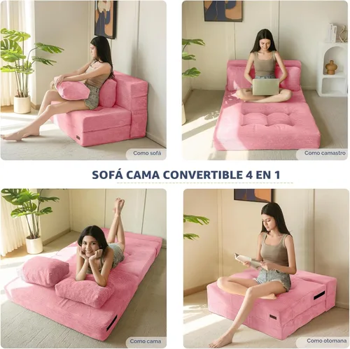 Miniatura 4 de MAXYOYO Sofá Cama Convertible, Sofá Cama Plegable con Almohada, Sofá Cama Plegable Acolchado 4 en 1, Sofá Cama de Espuma para el Piso, Silla Rosa