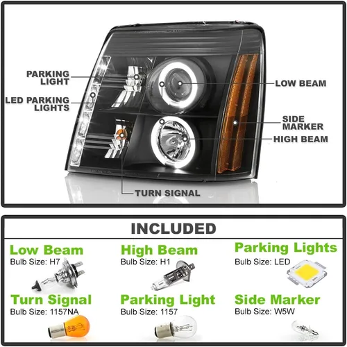 Miniatura 2 de AKKON - Para 02-06 Cadillac Escalade bisel negro anillo halo DRL tira de luz LED halógena tipo proyector faros delanteros Carcasa negra