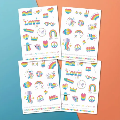 PapaKit Rainbow and Kisses - Juego de tatuajes falsos temporales, 4 hojas de 35 estilos con lámina iridiscente metálica | Recuerdos de fiesta,