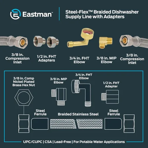 Miniatura 6 de Eastman Kit de instalación para lavavajillas, línea de suministro de acero inoxidable trenzado de 12 pies con adaptadores, extremos de compresión
