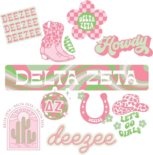 Delta Zeta - Hoja de calcomanías de vinilo de diseño occidental con diseños oficiales, adhesivo extraíble, 10 calcomanías por hoja, por Sorority Shop