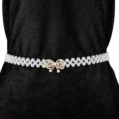 Miniatura 7 de Cinturón de cadena de cintura elástica con perlas de diamantes, Blanco