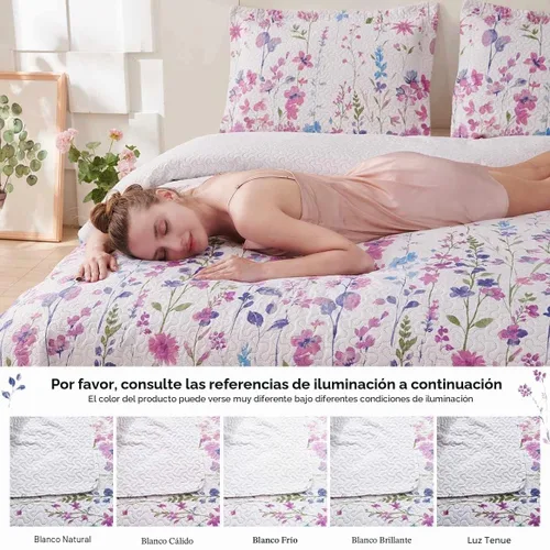 Miniatura 4 de Juego de cama de verano ligero y delgado con diseño floral de tamaño Queen/Full, conjunto de colcha y cubrecama botánico con flores lila