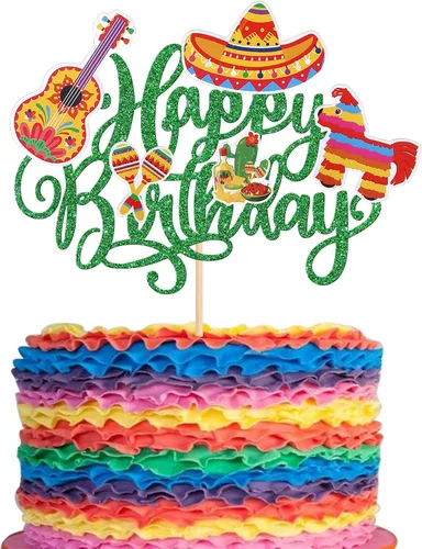 Miniatura 12 de Paquete de 41 decoraciones para tartas de cumpleaños con guitarra, cactus y burro, palillos de pimienta para fiesta mexicana, temática de baby