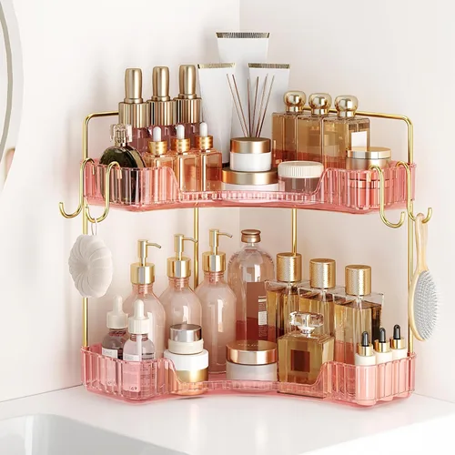Miniatura 12 de Organizador de esquina para encimera de baño, organizador de baño de 2 niveles y encimera de almacenamiento con ganchos, cuidado de la piel
