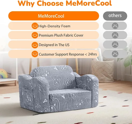 Miniatura 6 de MeMoreCool Sofá para niños que brilla en la oscuridad – Sillón convertible 2 en 1 y tumbona para siestas, estampado de perros, liviano, lavable