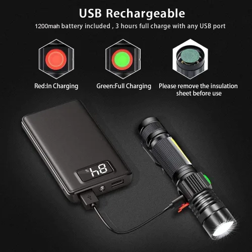 Miniatura 4 de Hoxida Linterna recargable LED (batería incluida), linterna LED magnética con luz lateral COB, 1200 lúmenes, LED súper brillante, impermeable