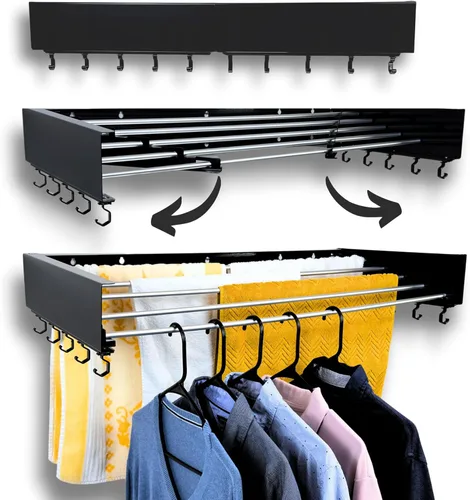Estante de secado de ropa montado en la pared, retráctil y plegable, 31.5 pulgadas de ancho, 13.2 pies lineales, 5 varillas de aluminio resistente,