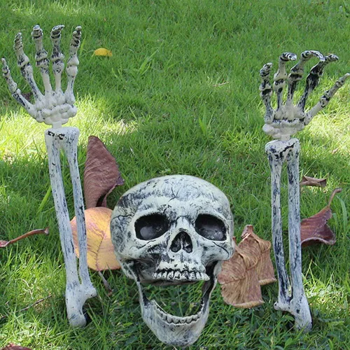 Decoraciones realistas de Halloween con estacas de esqueleto, 3 piezas, cabeza de cráneo, brazos con estacas, decoración de esqueleto negro para